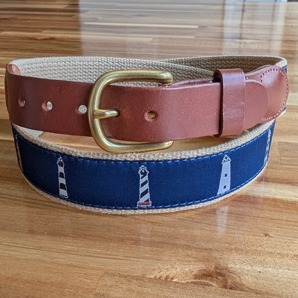 Leather Man Ltd Men's Lighthouse Ribbon Belt Navy Tan Brass Sz 36 (Pant Sz 34)